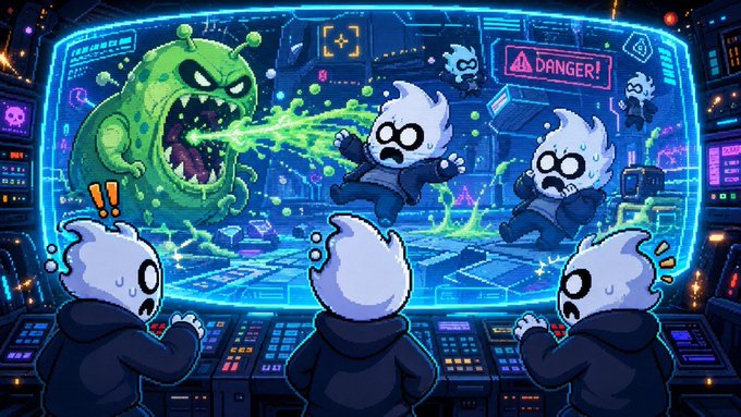 The image shows a cartoon of three characters in front of an animated screen displaying a virus attack, with one character holding a green monster's head. The scene appears to be from a cartoon or graphic novel set within a virtual world environment, possibly related to digital currency such as Ethereum. There are several small characters on the screen representing various entities involved in the attack and its aftermath, emphasizing the network message sharing problem described in the image caption. The focus of the image is not on what's directly depicted but rather how it connects to the post about Ethereum transactions' complexity and challenges.