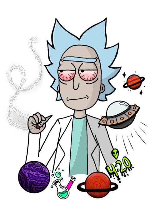 A cartoon illustration of a tired-looking scientist with blue spiky hair, bloodshot eyes, and a lab coat, smoking a cigarette while a UFO beams up planets and beakers around him, with '420' written.