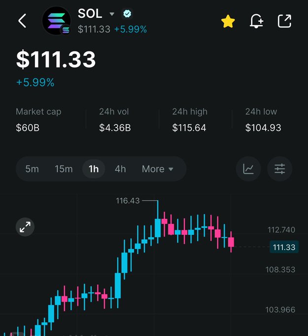 A cryptocurrency price tracker screen showing Solana (SOL) at $111.33, up 5.99%, with market cap of $60B, 24h volume of $4.36B, and a candlestick price chart.