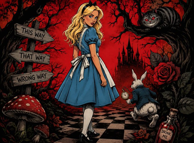 A blonde girl in a blue dress stands on a checkerboard path beneath a red sky, facing signs that read "THIS WAY," "THAT WAY," and "WRONG WAY," while the Cheshire Cat grins from a tree, a castle looms in the distance, the White Rabbit hurries by with a pocket watch, and a "DRINK ME" bottle sits nearby. The image reflects a dark, imaginative take on *Alice in Wonderland*, capturing the whimsical, chaotic, and slightly sinister atmosphere of the post's prompt to share one's imagination.