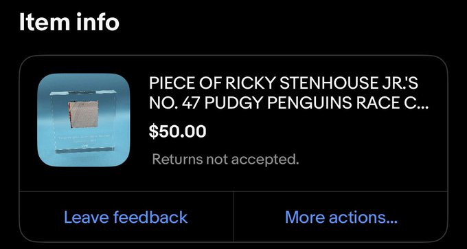 The image shows an online listing for "Piece of Ricky Stenhouse Jr.'s No. 47 Pudgy Penguins Race C..." priced at $50.00 with a "Returns not accepted" note. It relates to the post by humorously framing a lowball $50 offer on the limited-edition 1/150 NASCAR x Pudgy Penguins collectible as a "robbery."