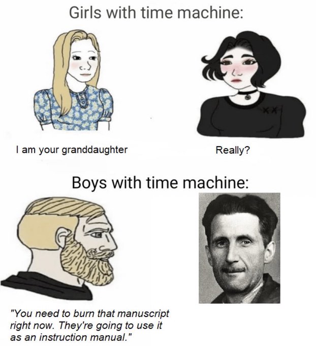 The image is a four-panel meme comparing how girls versus boys would use a time machine. In the top panels, labeled "Girls with time machine:," a young blonde woman tells a dark-haired woman "I am your granddaughter," to which she replies "Really?" The bottom panels, labeled "Boys with time machine:," show a bearded "Chad" character warning author George Orwell (likely representing *1984*) to "burn that manuscript right now. They're going to use it as an instruction manual."

The caption relates to the post "For real" by humorously suggesting that the dystopian predictions in Orwell's novel have become reality, warranting the urgent intervention of a time-traveler to prevent it.