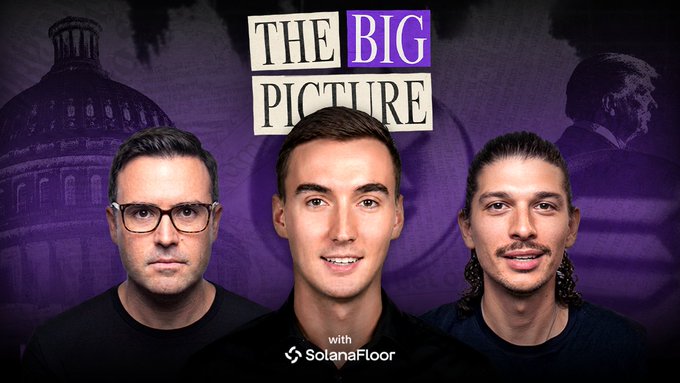 The image features a poster for The Big Picture with three men's faces displayed against a purple background. The text on the poster reads "The Big Picture" and "The Big Picture with @jito_labs", indicating that this is an interview or discussion about current events, possibly related to politics or social issues. The men in the image are wearing glasses and have short hair, suggesting they might be experts in their field.