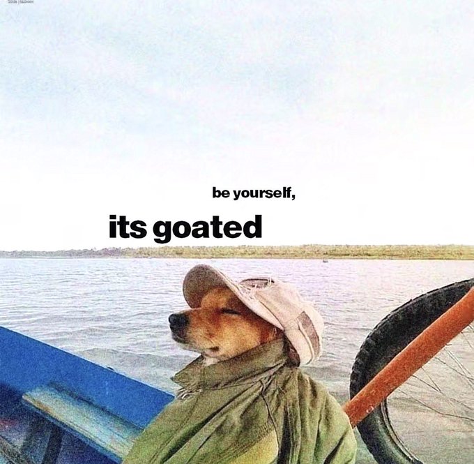 A Shiba Inu dog wearing a beige bucket hat and green jacket sits relaxed on a boat by a river, with text overlay reading "be yourself, its goated." The chill, unbothered vibe of the dog reflects the "Gm gm" morning energy of the post, suggesting an easygoing start to the day focused on making money.