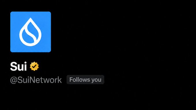 A social media profile for 'Sui' (@SuiNetwork) showing a blue avatar with a white water droplet logo and a 'Follows you' tag on a dark background.