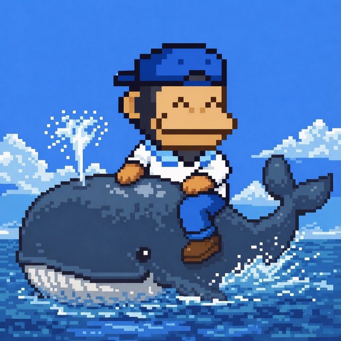 The image features a cartoon character, possibly a monkey or a bear, riding atop a blue whale. The character appears to be wearing a hat and has a playful expression as they enjoy their time atop the whale. The background of the image shows a clear sky with clouds, adding to the whimsical atmosphere created by this unique scene.