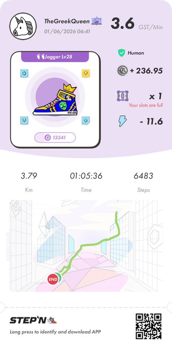The image shows a purple square with a cartoon character wearing blue shoes, which appears to be a logo for a fitness app or game. The text "Stepn" is also visible in the image. The caption reads "Focus on what is in the image and how it relates to the post".
