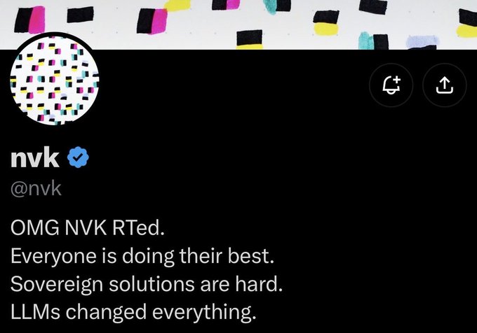 A screenshot of a tweet from verified user "nvk" (@nvk) reading "OMG NVK RTed. Everyone is doing their best. Sovereign solutions are hard. LLMs changed everything." The tweet, accompanied by the context discussing Coldcard attacks and brute forcing, appears to deflect blame for security vulnerabilities onto LLMs rather than acknowledging traditional brute force attacks on weak entropy seeds.