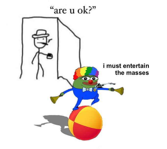 The image features an illustration of a clown standing on top of a red, yellow, and blue ball with a rainbow-colored hat. The background shows a white door and a person holding a cup. The caption below the illustration reads "I'M NOT EVEN SURE A FULL MIND CAN SAVE THIS MARKET".