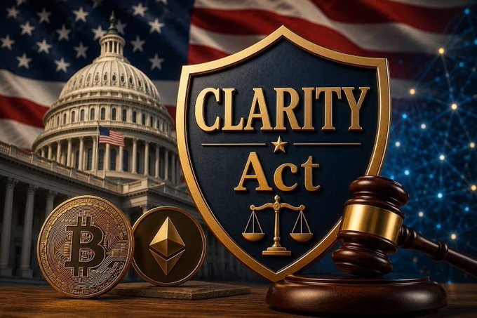A composite image shows the U.S. Capitol building and American flag alongside a shield graphic reading 'CLARITY Act' in gold lettering, with Bitcoin and Ethereum coins and a judge's gavel in the foreground.