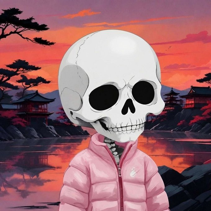 An illustration features a large white skull wearing a pink puffy jacket, set against a vibrant red and orange sunset background with Japanese-style architecture and pine trees.
