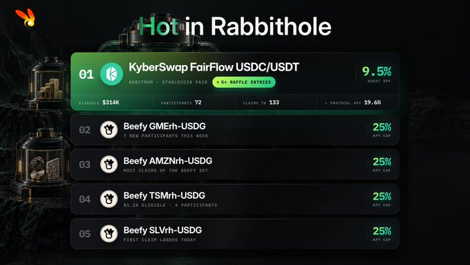 A dashboard titled 'Hot in Rabbithole' listing DeFi protocols including KyberSwap FairFlow USDC/USDT at 9.5% boost APR, Beefy GMErh-USDG, Beefy AMZNrh-USDG, Beefy TSMrh-USDG, and Beefy SLVrh-USDG, all at 25% APR cap.