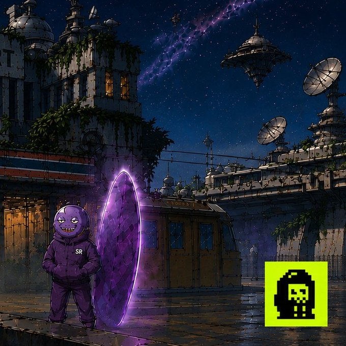 Cyberpunk-style artwork featuring a hooded character in a purple sweatshirt labeled 'SR' standing next to a glowing purple portal, with futuristic floating structures and satellite dishes in the background; a yellow logo with a skull-like figure appears in the corner.