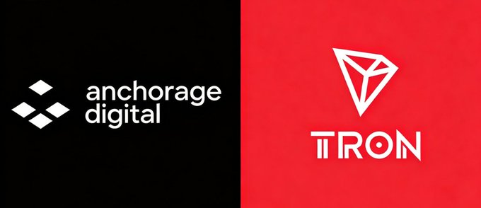 The image shows the logos of Anchorage Digital and TRON side by side, illustrating a partnership where Anchorage Digital has launched native TRX staking and TRC-20 custody support for institutional clients. This aligns with the post's message about institutional adoption of TRX being a bullish development for the TRON ecosystem.