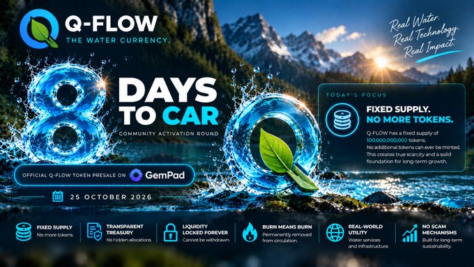 A promotional banner for the Q-FLOW token presale on GemPad displays "80 DAYS TO CAR" over a mountain landscape with water imagery, highlighting the event on "25 OCTOBER 2026" with a fixed supply of 100,000,000,000 QFLOW tokens and key features like transparent treasury, liquidity lock, and no minting.