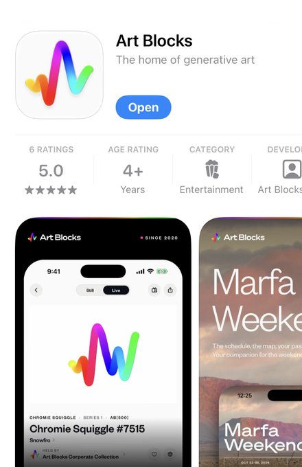 A promotional screenshot for the "ArtBlocks" app showing a 5.0 rating from 6 reviews, age rating of 4+, and categorized under Entertainment. The image displays two app preview screens featuring the Art Blocks logo and a "Marfa Weekend" companion feature, advertising the app's new availability on Android via the Google Play Store.