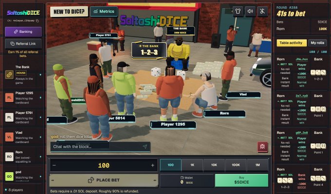 A screenshot of the SoltoshDICE online gambling game shows a virtual craps table with players gathered around, with interface elements including "THE BANK", "PLACE BET", and betting amounts of $DICE.