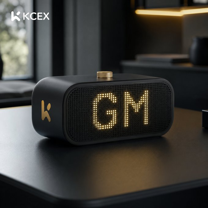 A black KCEX branded Bluetooth speaker with an LED dot-matrix display showing '6M' sitting on a dark desk.