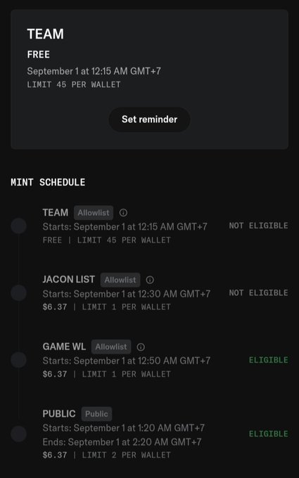 A dark-themed digital interface displays a 'TEAM' free mint schedule starting September 1st, with 'NOT ELIGIBLE' and 'ELIGIBLE' statuses for various allowlists.