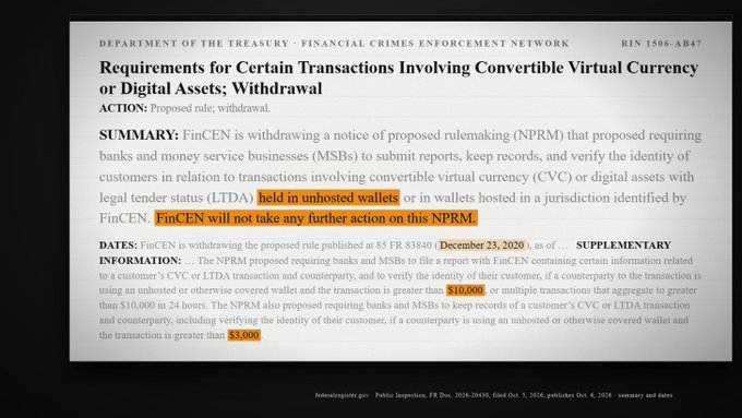 A document from FinCEN titled 'Requirements for Certain Transactions Involving Convertible Virtual Currency or Digital Assets; Withdrawal' with highlighted portions indicating the withdrawal of the proposed rule.