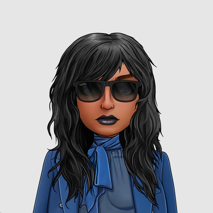 A digital illustration shows a woman with long black wavy hair wearing dark sunglasses, dark lipstick, and a blue blouse with a tied neck scarf against a white background.
