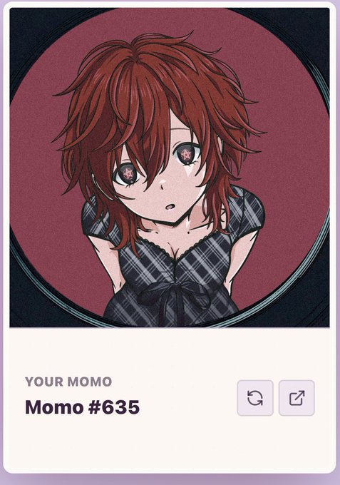 An anime-style character card titled 'YOUR MOMO' showing 'Momo #635', featuring a character with messy red hair and star-patterned pupils wearing a black plaid dress.
