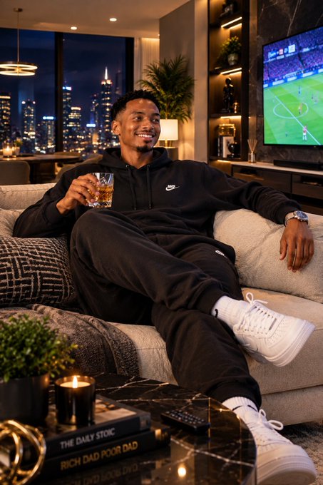 A man in a black Nike hoodie and sweatpants lounges on a couch holding a drink, watching a sports game on a large TV in a modern apartment with a city skyline view.