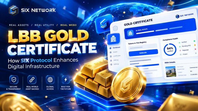 A promotional graphic for "SIX Network" showcases the "LBB Gold Certificate" with the tagline "Real Assets / Real Utility / Real Web3" and highlights features including "Secure & Transparent," "Real-World Asset Backed," "Global Access," and "Built for the Future," alongside a dashboard displaying 94% compliance health and LBB Gold bars with a branded coin. The image visually supports the post by illustrating how SIX Protocol aims to bring transparency and digital integration to real-world asset tokenization.