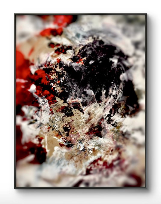 The image features a large abstract painting with a mix of red, white, black, and gray colors. The painting appears to be a chaotic mess, resembling a mask or a cloak that covers up the viewer's face. The artist has used various brushstrokes and techniques to create this effect, making it difficult for the viewer to discern any specific details in the artwork. The post includes text that reads "I Can’t Breathe In This Mask" and "It's not a mask of person. It's a cloak to noise."
