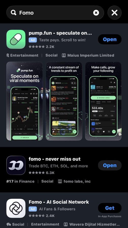 The image shows app store search results for "Fomo," with "pump.fun - speculate on..." and "fomo - never miss out" prominently featured. This relates to the post by showing how the concept of FOMO is being leveraged in marketing for financial apps.