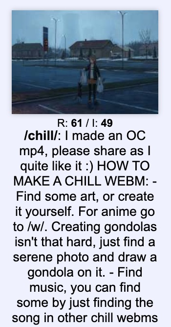 A post titled 'HOW TO MAKE A CHILL WEBM' featuring a dark image of an anime-style character standing in a parking lot, with detailed text instructions for creating a webm video.