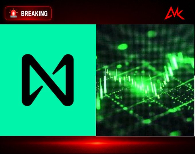 A news broadcast-style graphic with a "BREAKING" alert at the top left, a large green "N" logo (NEXO) on the left, and a green stock market chart visualization on the right.