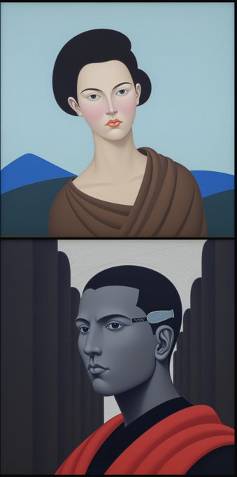 Two stylized portrait paintings stacked vertically show a woman with a traditional updo against mountains, and a figure with a cybernetic implant against an arched background.