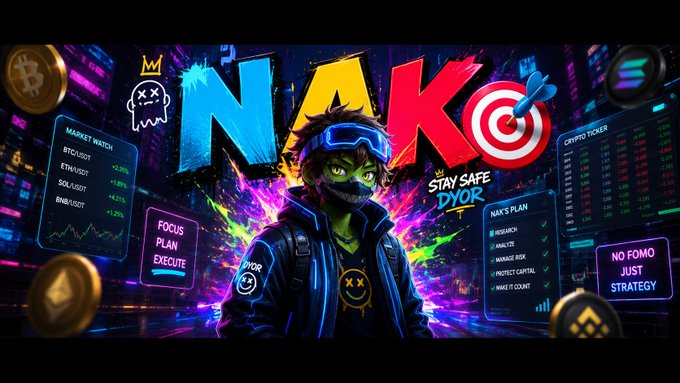 A vibrant digital poster features a character wearing a ski mask with the word "NAKO" displayed prominently above, alongside text like "STAY SAFE DYOR", "FOCUS PLAN EXECUTE", and "NO FOMO JUST STRATEGY" against a neon cityscape background.