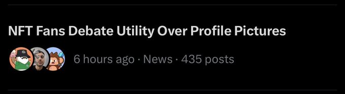 A forum post header titled 'NFT Fans Debate Utility Over Profile Pictures,' posted 6 hours ago in the News section with 435 posts.