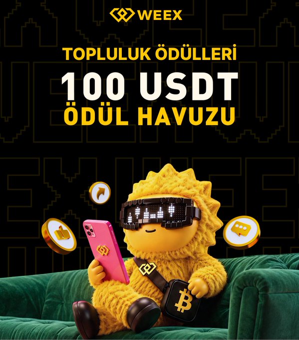 A promotional graphic for WEEX features a yellow, pixel-sunglasses-wearing mascot sitting on a green couch holding a pink phone and a Bitcoin-themed satchel, with floating engagement icons and bold text announcing a "100 USDT ÖDÜL HAVUZU" (100 USDT Reward Pool) under the heading "TOPLULUK ÖDÜLLERİ" (Community Rewards). The vibrant design ties directly to the Week 4 community rewards campaign, encouraging users to repost and comment for a chance to win from the prize pool.