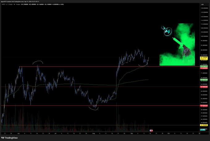 A TradingView chart of hagsfreedts.com showing price action with red resistance lines, accompanied by an inset image of a figure with green smoke and a sword.