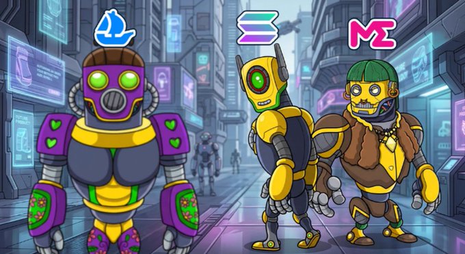 A vibrant digital artwork featuring three colorful, cartoon-style robotic characters standing in a futuristic, neon-lit cityscape.
