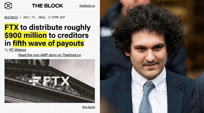 The image depicts a headline from "The Block" stating "FTX to distribute roughly $900 million to creditors in fifth wave of payouts," alongside a portrait of Sam Bankman-Fried. This visually reinforces the news about FTX's upcoming creditor distributions.