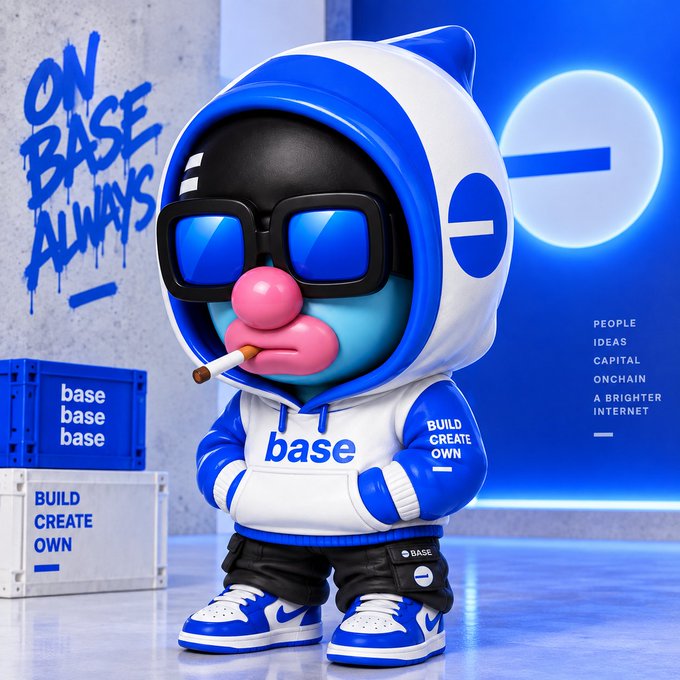 A stylized 3D-rendered mascot figure with blue skin, pink lips, and a cigarette stands in a graffiti-covered setting, wearing a blue and white hoodie emblazoned with "base" and the slogans "BUILD CREATE OWN" and "base base base" on adjacent crates, alongside a glowing blue "e" logo and text reading "ON BASE ALWAYS," "PEOPLE IDEAS CAPITAL ONCHAIN A BRIGHTER INTERNET," tying into the post's reference of dropping it on @zora as a Base-themed NFT collectible release.