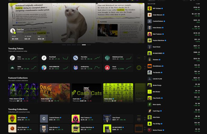 The image shows a screenshot of the Robinhood app's NFT marketplace interface, highlighting collections like "Cash Cats" (priced at $107.45) alongside a featured roster of trending and blue-chip NFT collections including BAYC, Doodles, CryptoPunks, and Azuki, with a sidebar displaying real-time crypto prices (BTC at $7,959.04, ETH up +$35.45, etc.). The screenshot visually supports the tweet's bullish NFT season claim by showcasing Robinhood's NFT platform with multiple trending collections showing positive price action (green percentages).