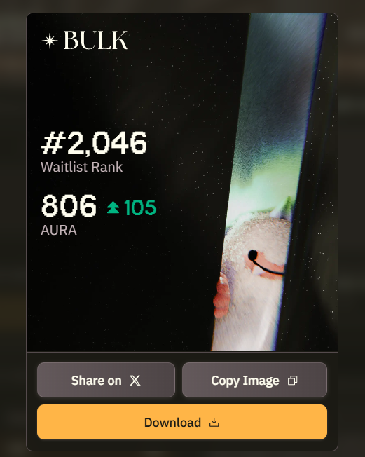 A "BULK" profile card displays a Waitlist Rank of #2,046 and an AURA balance of 806 (up 105), alongside a smiling cat image. The card visually represents the user's weekly BULK protocol AURA earnings shared in the accompanying post, celebrating the gains from pre-deposit rewards.