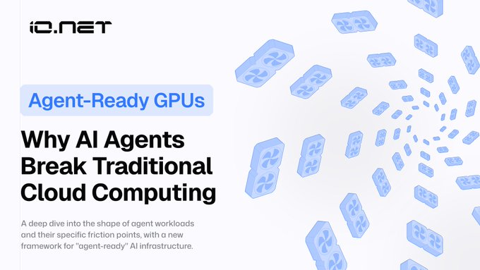 The image is an io.net branded graphic titled "Agent-Ready GPUs: Why AI Agents Break Traditional Cloud Computing," featuring a headline that introduces a deep dive into agent workloads and their friction points. The accompanying post reinforces this message by highlighting the bursty, unpredictable nature of AI agents—which scale rapidly to 40 workers for short bursts before disappearing—arguing that traditional cloud provisioning models with quotas and long commitments are ill-suited for such workloads.