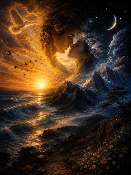 A surreal, romantic digital artwork shows a couple kissing, where their forms dissolve into a dual landscape of a fiery ocean sunset on one side and a starry, mountainous night scene on the other.