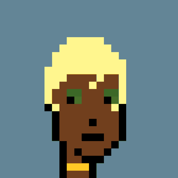 A pixel art style illustration of a dark-skinned person with blonde hair against a blue background.