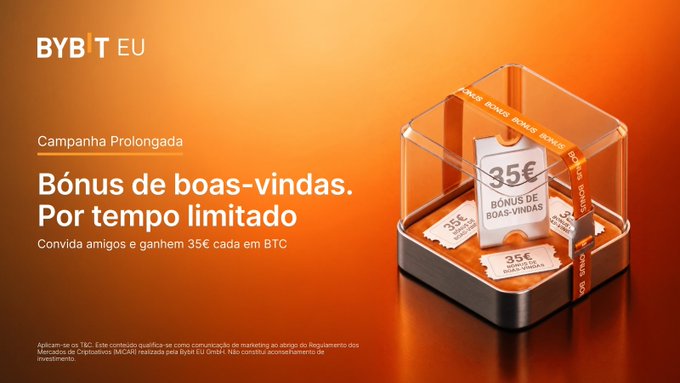 A BYBIT EU promotional banner advertising a "Bónus de boas-vindas" (welcome bonus) campaign offering 35€ per friend invited in BTC, with a 3D rendered display case containing reward tickets.