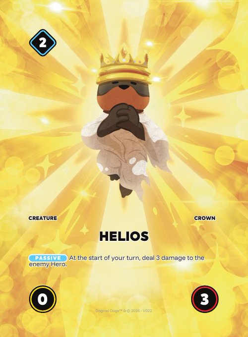 A trading card game card titled 'HELIOS' featuring a creature wearing a crown and sunglasses with golden light rays, showing stats '0' and '3' and a passive ability to deal 3 damage to enemy heroes.
