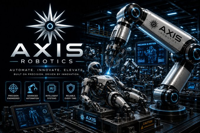 A promotional graphic for 'AXIS ROBOTICS' featuring a humanoid robot being assembled by a robotic arm, with the tagline 'AUTOMATE. INNOVATE. ELEVATE.' and icons highlighting precision engineering, advanced automation, AI, and reliability.