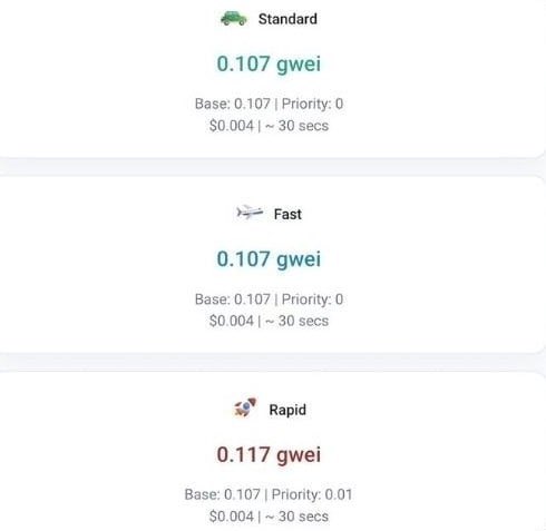 A staking interface lists three options: “Standard 0.107 gwei,” “Fast 0.107 gwei,” and “Rapid 0.117 gwei,” with the Rapid price highlighted in red. Smaller text includes “Base: 0.107,” “Priority: 0” or “Priority: 0.01,” and “$0.004 | ~ 30 secs.”