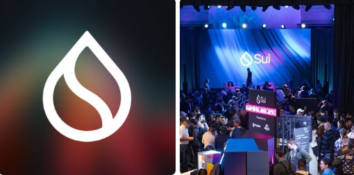 The image shows the Sui logo alongside a photo from a previous Sui event, where attendees gather in front of a stage displaying the "Sui" branding and "SUI BASECAMP" signage, relating to the announcement that the upcoming Sui Basecamp conference begins on October 7 amid a 4.3% weekly decline in $SUI.
